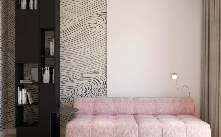 Nowoczesny salon z różową sofą i czarną biblioteczką w tle