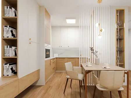 Kuchnia w stylu quiet luxury z drewnianymi meblami i białymi akcentami.