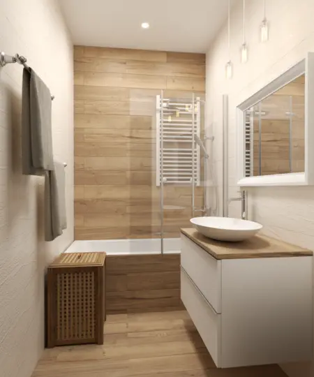Nowoczesna łazienka w stylach boho i minimalistycznym z drewnem