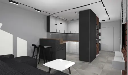 Wnętrze kuchni z białymi meblami, drewnianym blatem i industrialnymi detalami. Styl minimalistyczny.