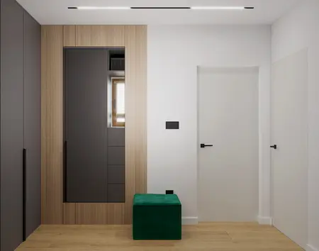 Przedpokój w stylu minimalistycznym z szafą i zielonym siedziskiem.