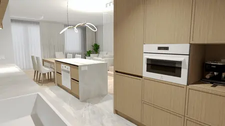 Nowoczesna kuchnia w stylu quiet luxury z drewnem i białymi dodatkami.