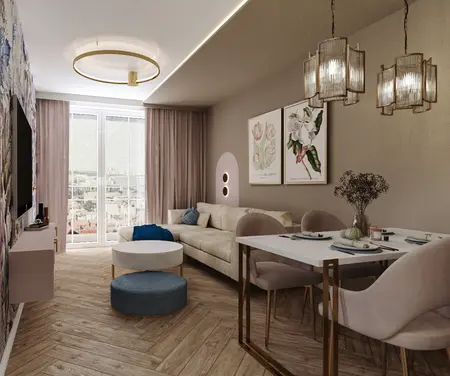 Wnętrze salonu w stylu glamour, nowoczesnym i współczesnym z jasnymi meblami.