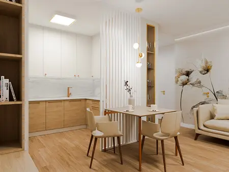 Wnętrze kuchni w stylu quiet luxury z drewnianymi meblami i jasnymi akcentami.