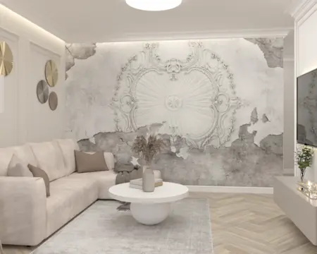 Wnętrze salonu z jasnym wypoczynkiem, ozdobną ścianą, styl nowoczesny, quiet luxury.