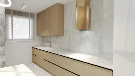 Nowoczesna kuchnia w stylu quiet luxury z drewnianymi meblami i marmurowym wykończeniem.