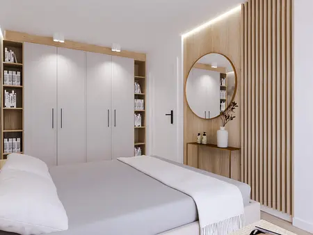 Wnętrze sypialni w stylu japandi i nowoczesnym z drewnianymi detalami.