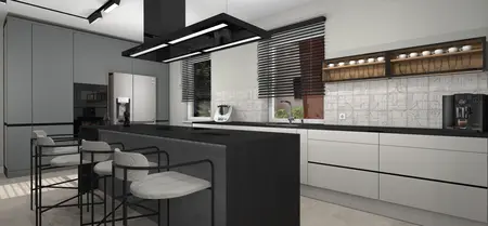 Nowoczesna kuchnia z szarymi meblami, industrialnym blatem i minimalistycznymi akcentami.
