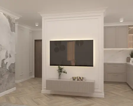 Wnętrze salonu z nowoczesnym telewizorem i drewnianą podłogą, styl quiet luxury.