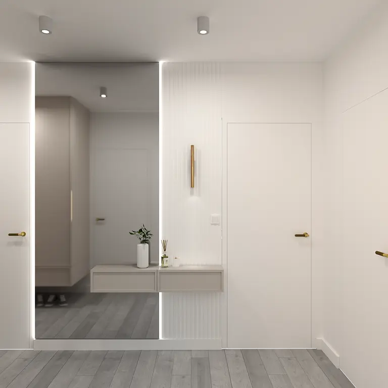 Przedpokój z białymi ścianami, szafą i drewnianą podłogą w stylu glamour.