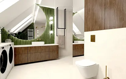 Wnętrze łazienki z zieloną płytką, drewnianymi meblami oraz elementami art deco i boho.