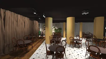Wnętrze restauracji z eklektycznym stylem, drewniane meble i żółte filary.