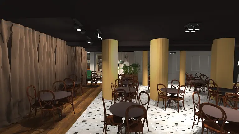 Wnętrze restauracji z eklektycznym stylem, drewniane meble i żółte filary.