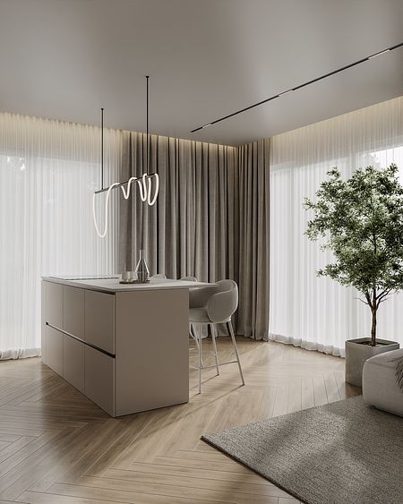 Wnętrze kuchni w stylu industrialnym z minimalistycznymi meblami i roślinnością.