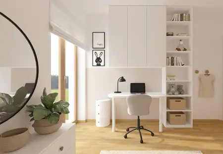 Wnętrze pokoju z biurkiem, roślinami i półkami w stylu soft minimalizm.