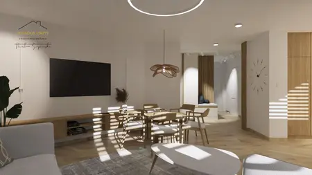 Minimalistyczne wnętrze salonu z drewnianymi meblami i roślinami.