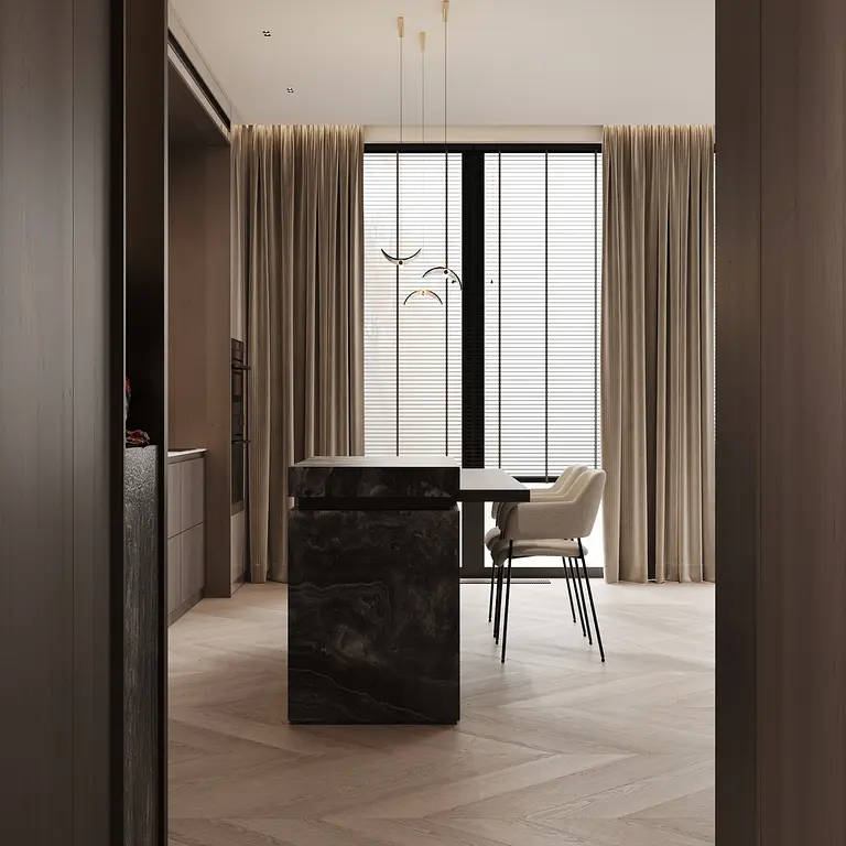Wnętrze kuchni z blatem kamiennym, minimalistycznymi meblami i jasnymi zasłonami, styl art deco.