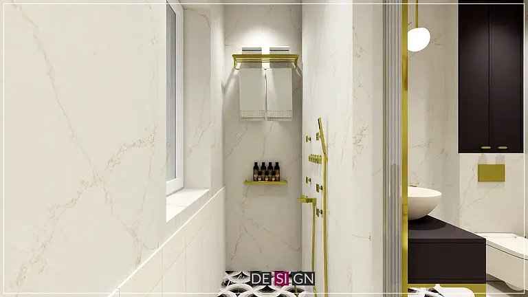 Nowoczesna łazienka w stylu art deco z białymi kaflami i złotymi detalami.