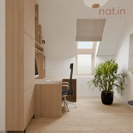 Gabinet w stylu japandi z drewnianym biurkiem i rośliną
