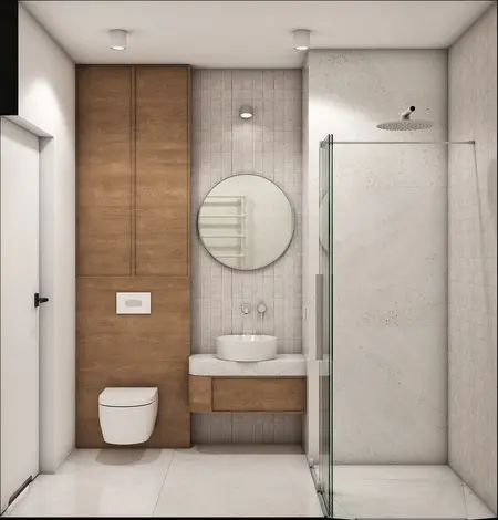 Łazienka w stylu japandi z drewnianymi meblami i minimalistycznymi detalami.