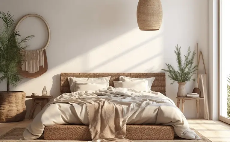 Sypialnia w stylu boho z naturalnym łóżkiem, roślinami i jasnymi akcentami.