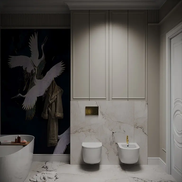 Stylowa łazienka z marmurową podłogą i eleganckim wykończeniem w stylu quiet luxury.