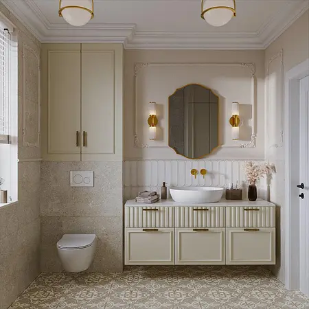 Stylowa łazienka w stylu art deco i eklektycznym z jasnymi meblami.