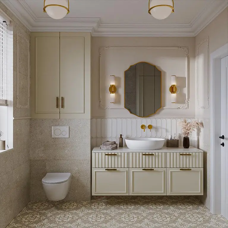 Stylowa łazienka w stylu art deco i eklektycznym z jasnymi meblami.
