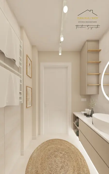 Nowoczesna łazienka w stylu minimalistycznym z białą umywalką i drewnianymi półkami.