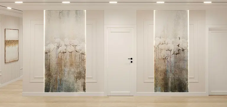 Stylowe wnętrze przedpokoju z obrazami w stylu art deco, glamour i nowoczesnym.