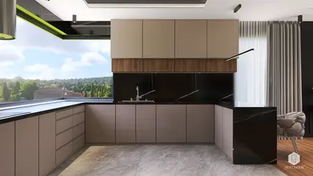 Nowoczesna kuchnia z czarnym blatem i beżowymi szafkami w stylu quiet luxury.