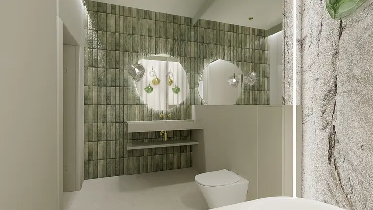 Wnętrze łazienki z zielonymi płytkami, lustrami i nowoczesnym oświetleniem. Styl boho, minimalistyczny.