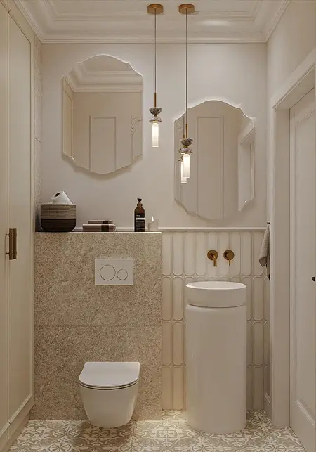 Wnętrze łazienki w stylu art deco i eklektycznym z białymi meblami.