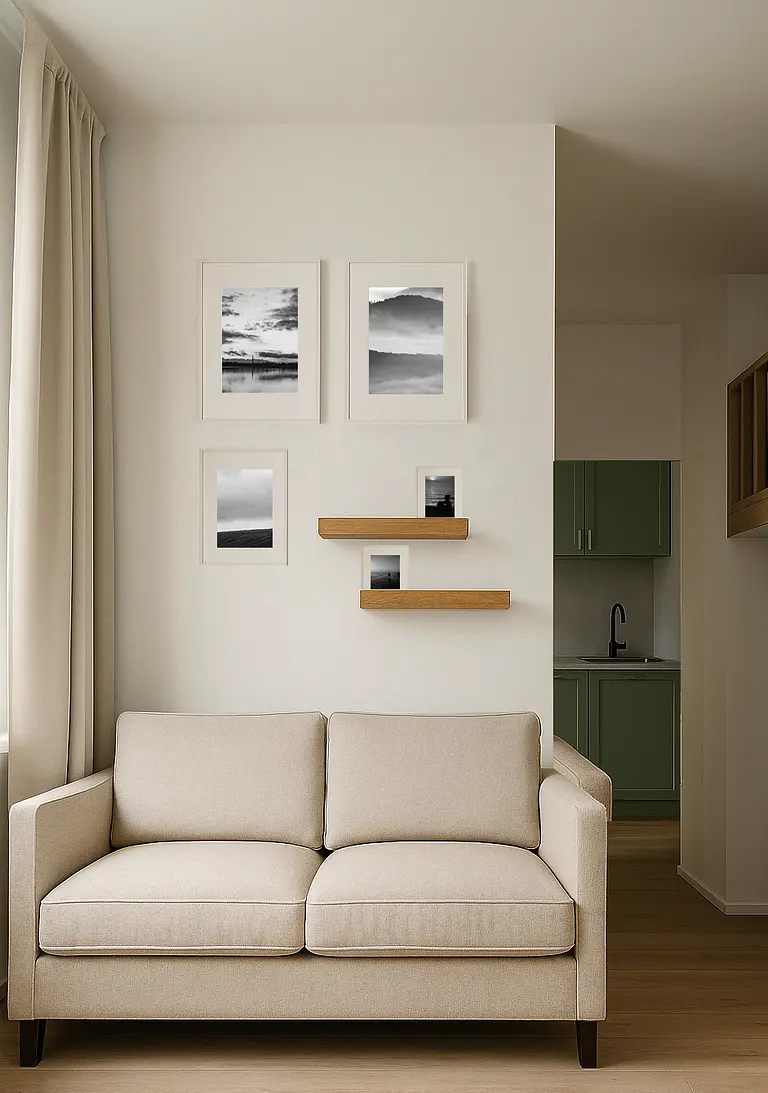 Wnętrze salonu w stylu boho i minimalistycznym z beżową sofą oraz zieloną kuchnią.