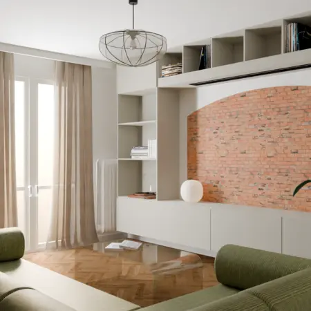 Wnętrze salonu vintage z ceglaną ścianą i zieloną sofą.