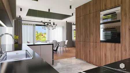 Nowoczesna kuchnia z drewnianymi meblami i dużym oknem, styl quiet luxury