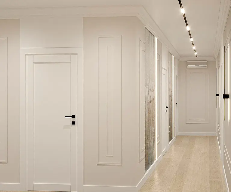 Korytarz z białymi ścianami, drewnianą podłogą, oświetleniem LED, styl art deco, glamour, nowoczesny.