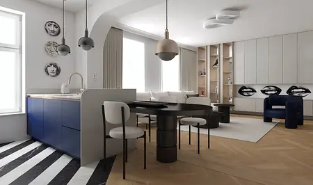 Wnętrze kuchni w stylu art deco i nowoczesnym z niebieskimi meblami i drewnianymi akcentami.