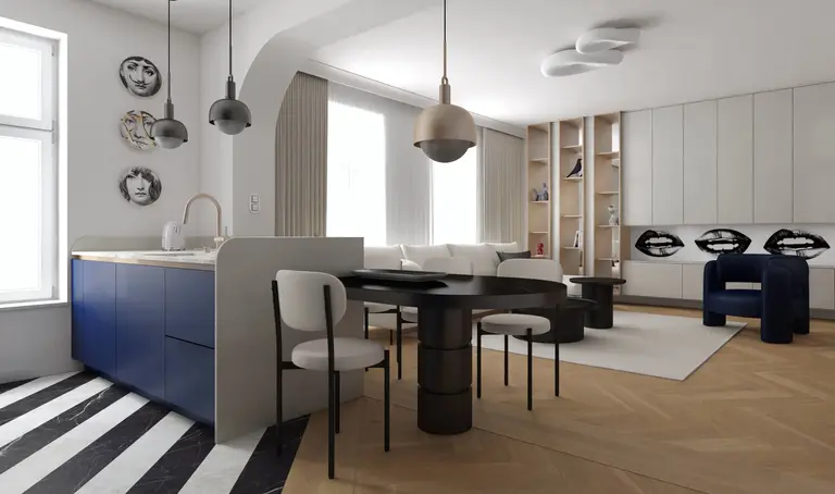 Wnętrze kuchni w stylu art deco i nowoczesnym z niebieskimi meblami i drewnianymi akcentami.
