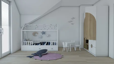 Pokój dziecięcy w stylu minimalistycznym z białymi meblami i drewnianymi detalami.