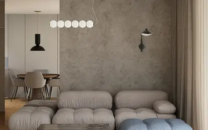 Wnętrze w stylu art deco i eklektycznym z szarymi ścianami, beżową sofą i drewnianym stołem.
