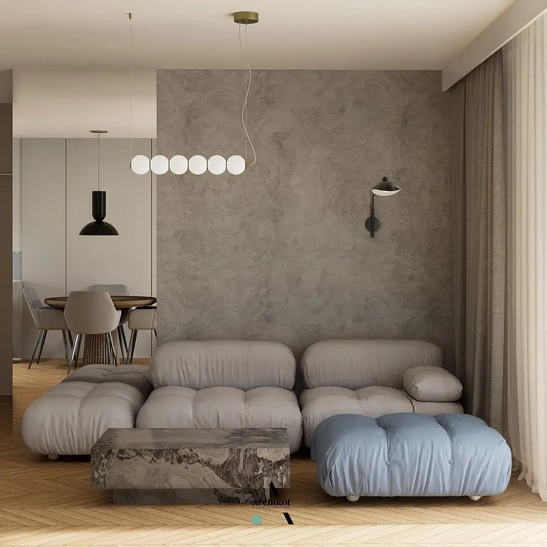 Wnętrze w stylu art deco i eklektycznym z szarymi ścianami, beżową sofą i drewnianym stołem.