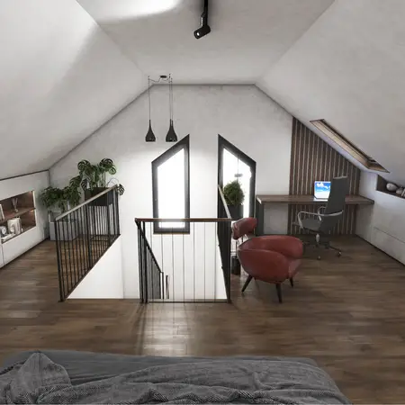 Poddasze w stylu industrialnym z biurkiem, roślinami i nowoczesnym oświetleniem.