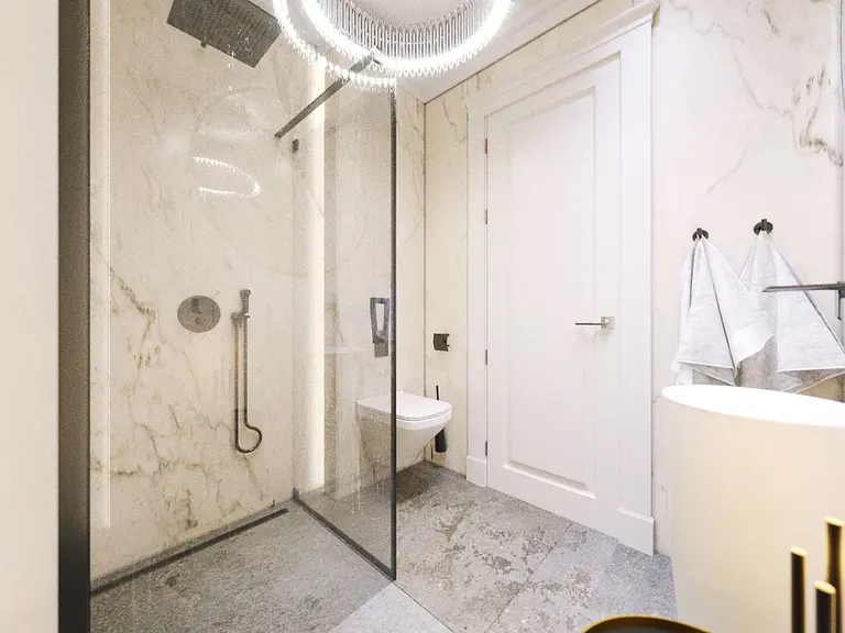 Nowoczesna łazienka z prysznicem, marmurowymi ścianami, akcentami glamour i quiet luxury.