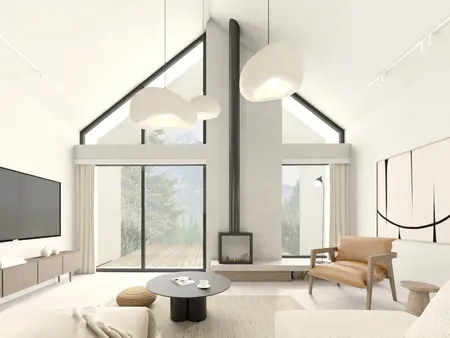 Wnętrze salonu w stylu japandi, minimalistycznym, soft minimalizm, współczesnym, z dużymi oknami.