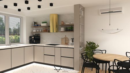 Nowoczesna kuchnia w stylu minimalistycznym z beżowymi meblami i drewnianym blatem