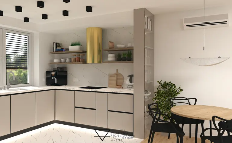 Nowoczesna kuchnia w stylu minimalistycznym z beżowymi meblami i drewnianym blatem