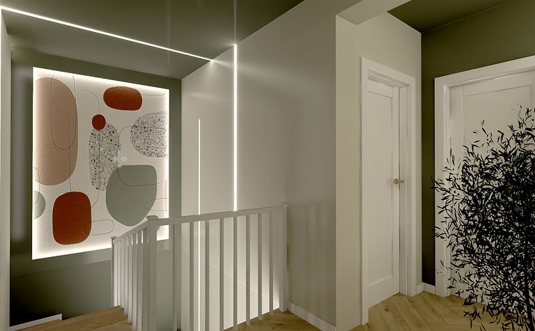 Korytarz w stylu art deco, boho i eklektycznym z kolorowymi ścianami.