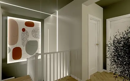 Korytarz w stylu art deco, boho i eklektycznym z kolorowymi ścianami.