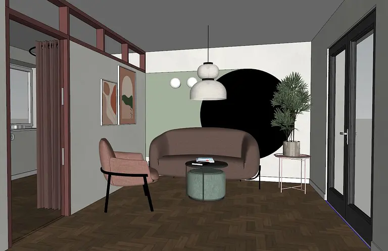 Wnętrze salonu z brązową sofą, zieloną ścianą i nowoczesnymi akcentami w stylu dopamine decor.